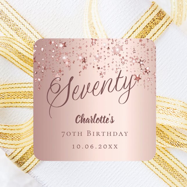 Rose gold script stars 70th birthday square sticker (Creator Uploaded)