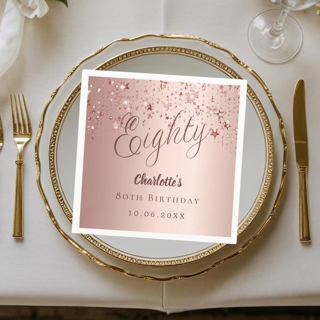 Rose gold script stars 80th birthday napkin (Creator Uploaded)