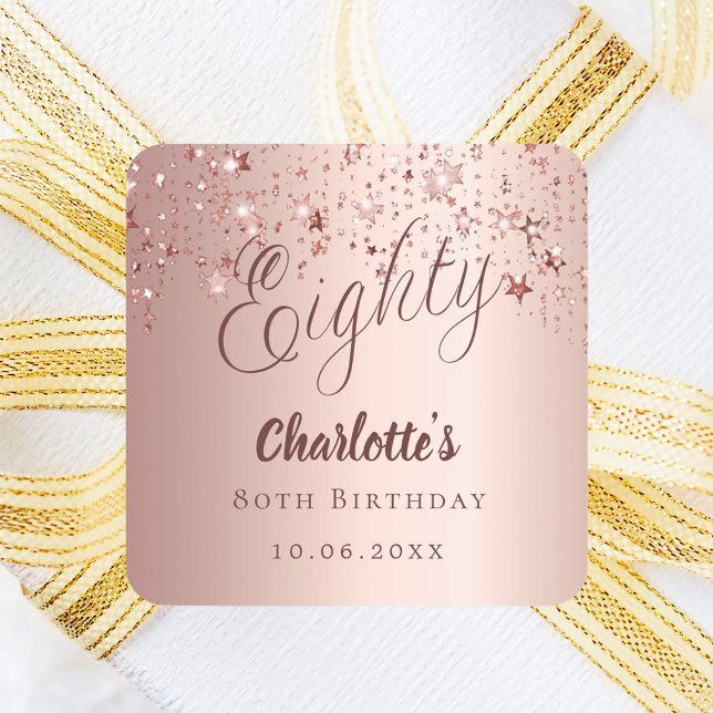 Rose gold script stars 80th birthday square sticker (Creator Uploaded)