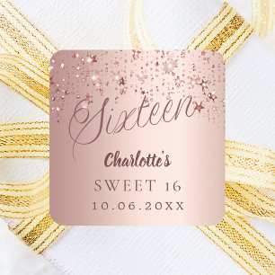 Rose gold script stars Sweet 16 Square Sticker