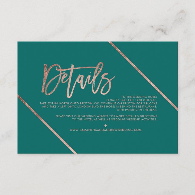 Rose gold script stripe green wedding direction enclosure card (Front)