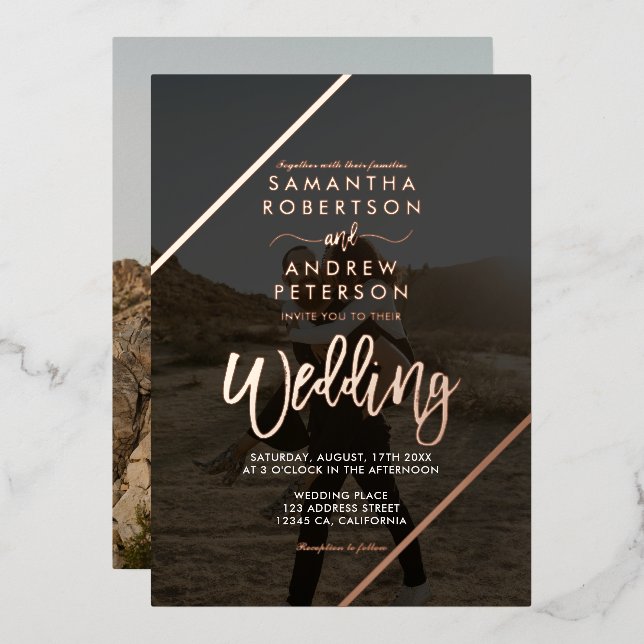 Rose Gold script stripes chic wedding  2 photos (Front/Back)