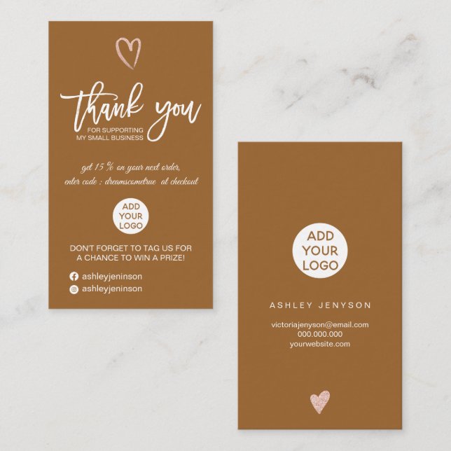 Rose gold script terracotta logo order thank you business card (Front/Back)
