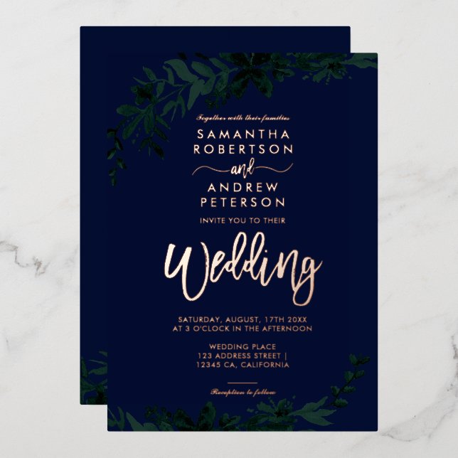 Rose gold script typography Floral green wedding (Front/Back)