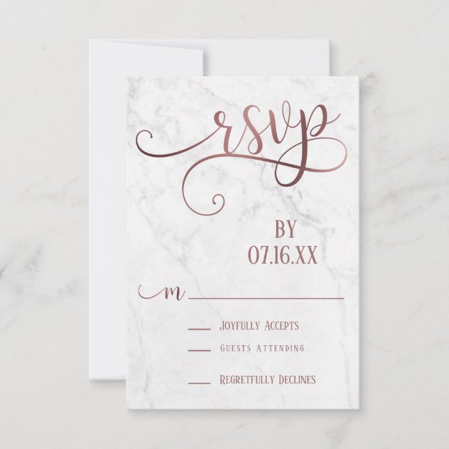 Rose Gold Script Typography & Marble RSVP Card (Front)