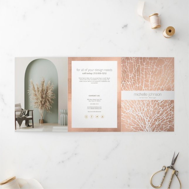 Rose Gold Sea Fan Coral Pattern Designer Brochure (Outside)