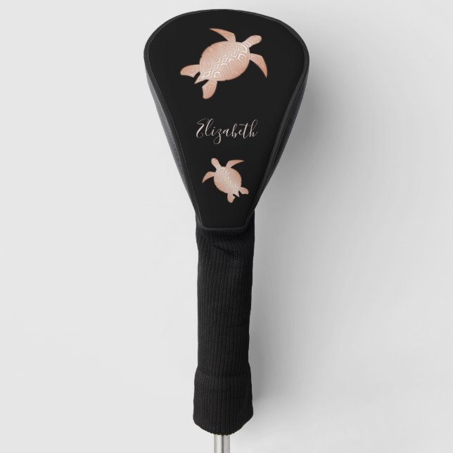 Rose Gold Sea Turtle Black Your Name Golf Head Cover (Front)