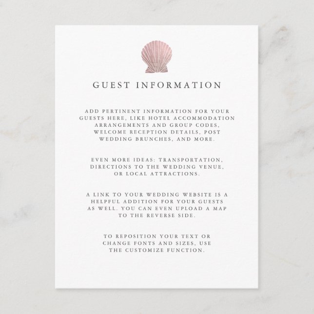 Rose gold Seashell coastal wedding guest Details Enclosure Card (Front)