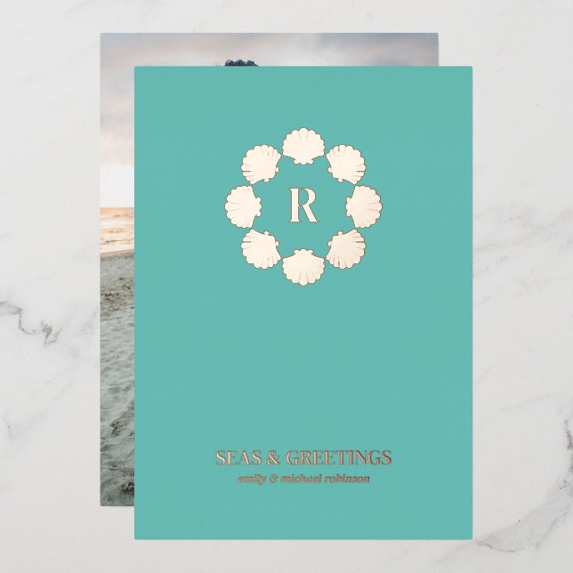 Rose Gold Seashell Wreath Seas And Greetings Photo Foil Holiday Card (Front/Back)