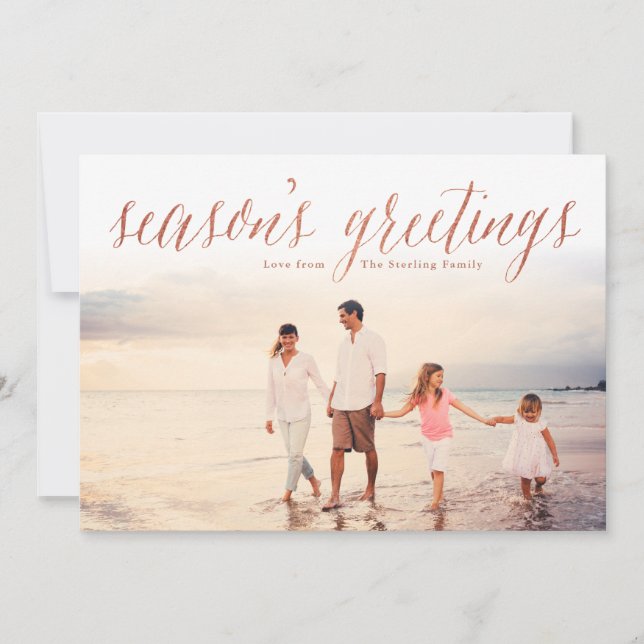 Rose Gold Season's Greetings Glitter Look Photo Holiday Card (Front)