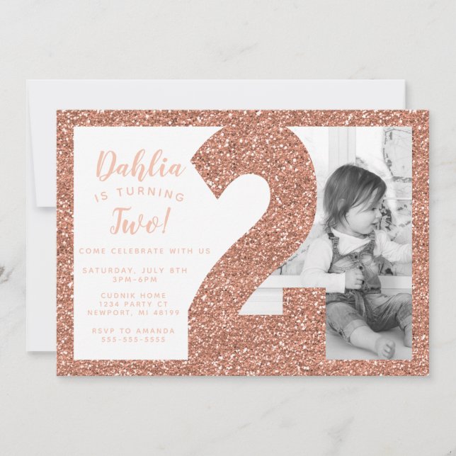 Rose Gold Second Birthday Invitation, Faux Glitter Invitation (Front)