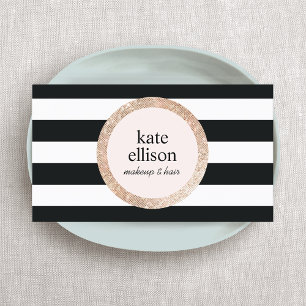 Rose Gold Sequin Black White Striped Beauty Salon Business Card