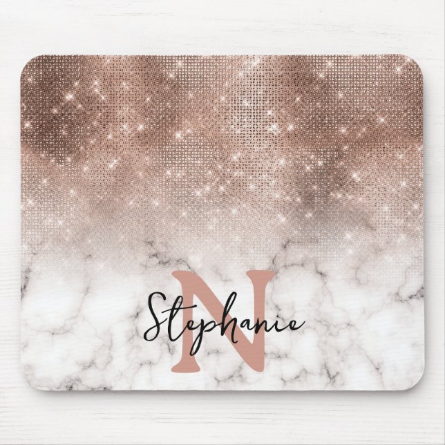 Rose Gold Sequin Glitter Marble Ombre Monogram Mouse Mat (Front)