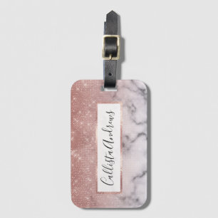 Rose Gold Sequin Glitter White Marble Ombre Luggage Tag