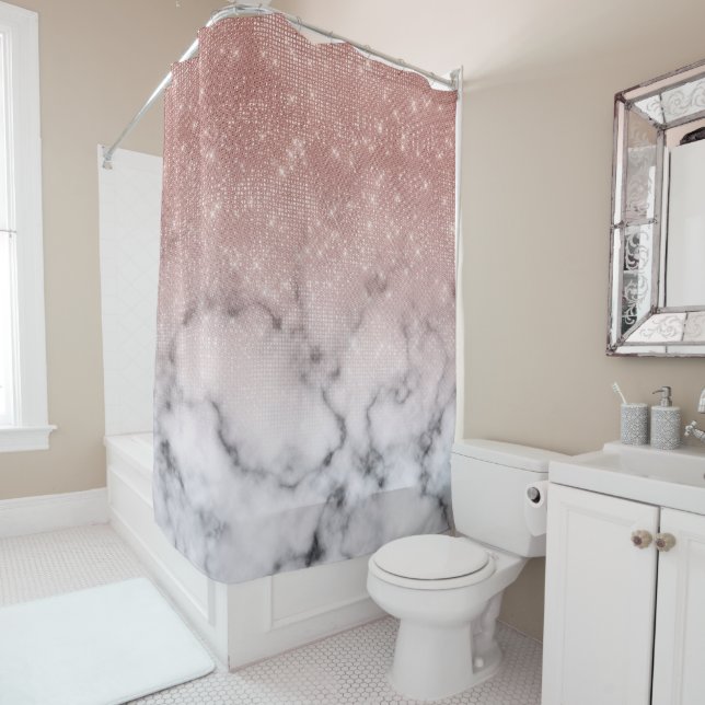 Rose Gold Sequin Glitter White Marble Ombre Shower Curtain (In Situ)