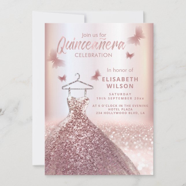 Rose gold sequins dress moon stars Quinceañera  In Invitation (Front)