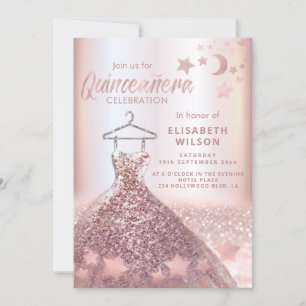 Rose gold sequins dress moon stars Quinceañera  Invitation