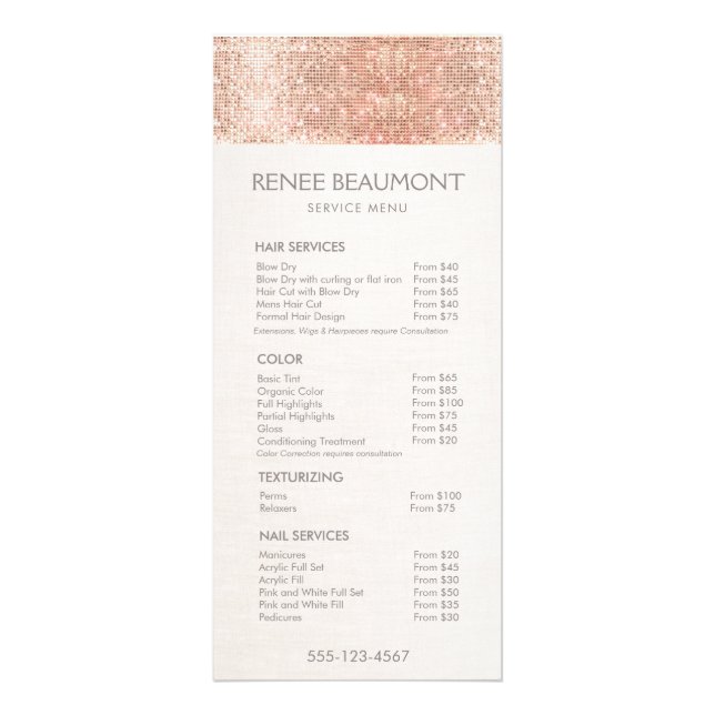 Rose Gold Sequins Salon Price List Menu (Front)