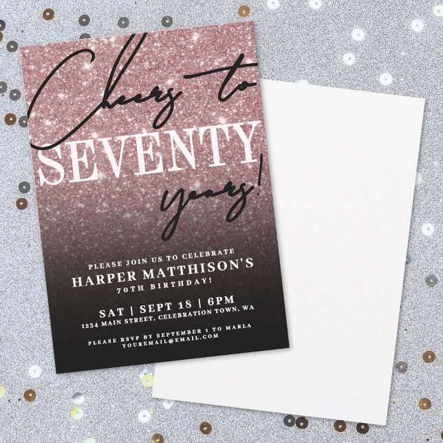 Rose Gold Seventy 70th Birthday Invitation (Black Rose Gold Seventy 70th Birthday Invitation)