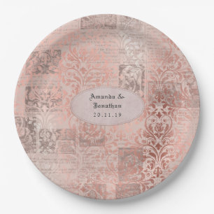 Rose Gold Shabby-Chic Damask Wedding Paper Plate