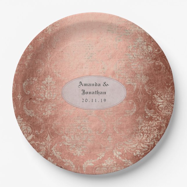 Rose Gold Shabby-Chic Damask Wedding Paper Plate (Front)