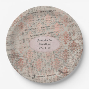 Rose Gold Shabby-Chic Newspaper Wedding Paper Plate