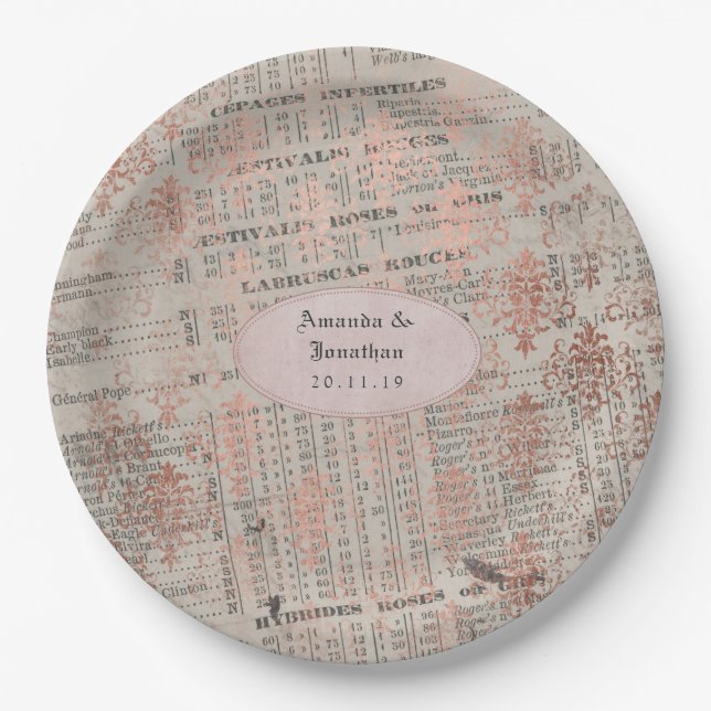 Rose Gold Shabby-Chic Newspaper Wedding Paper Plate (Front)