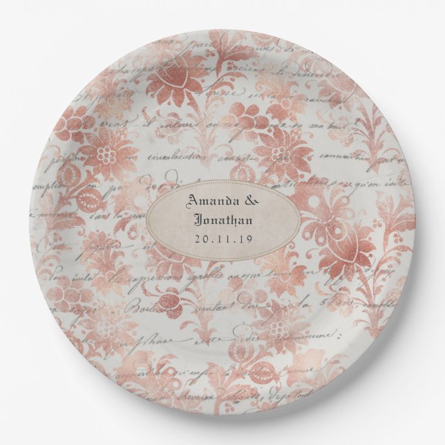 Rose Gold Shabby-Chic Wedding Paper Plate (Front)