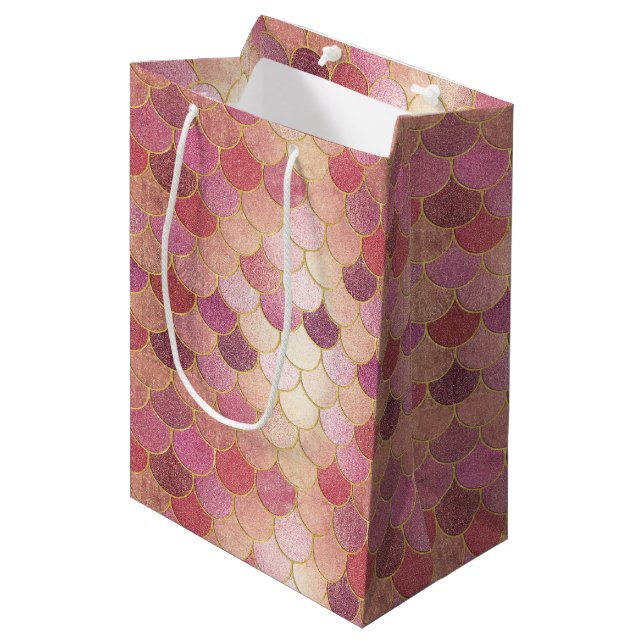 Rose Gold Shimmer Mermaid Scale Pattern Medium Gift Bag (Front Angled)