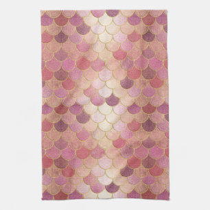 Rose Gold Shimmer Mermaid Scale Pattern Tea Towel