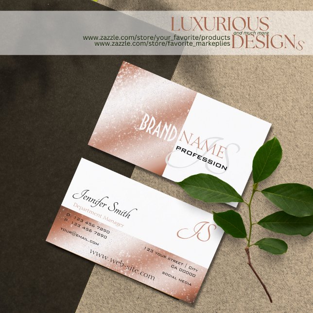 Rose Gold Shimmer White Glitter Stars and Monogram Business Card (Creator Uploaded)