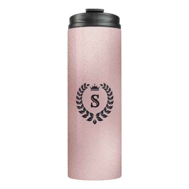 Rose-gold Shiny Background & Black Laurel Wreath Thermal Tumbler (Front)