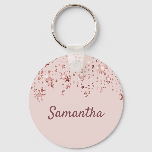 Rose gold shiny stars copper girly pastel pink key ring (Front)
