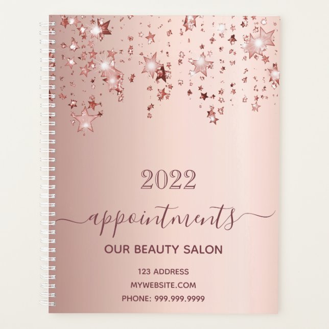 Rose gold shiny stars salon appointments 2025 planner (Front)