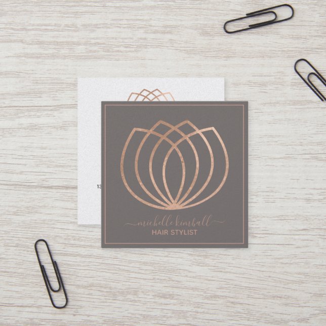 Rose Gold Signature Lotus Flower | Square Business Square Business Card (Front/Back In Situ)