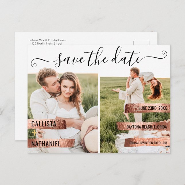 Rose Gold Signature Script Photo Save the Date Announcement Postcard (Front/Back)