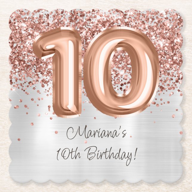 Rose Gold Silver 10th Birthday Party Paper Coaster (Front)