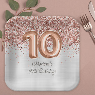 Rose Gold Silver 10th Birthday Party Paper Plate