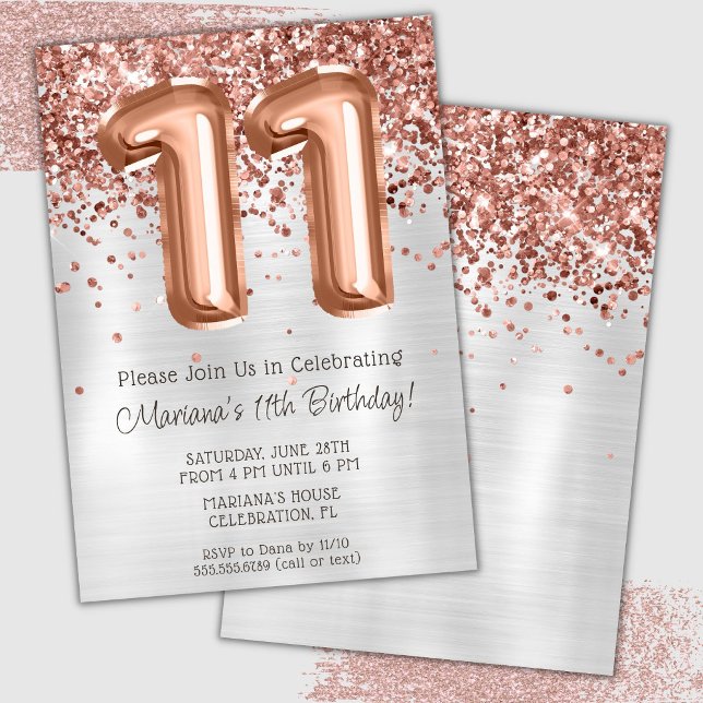 Rose Gold Silver 11th Birthday Party Invitation (Creator Uploaded)