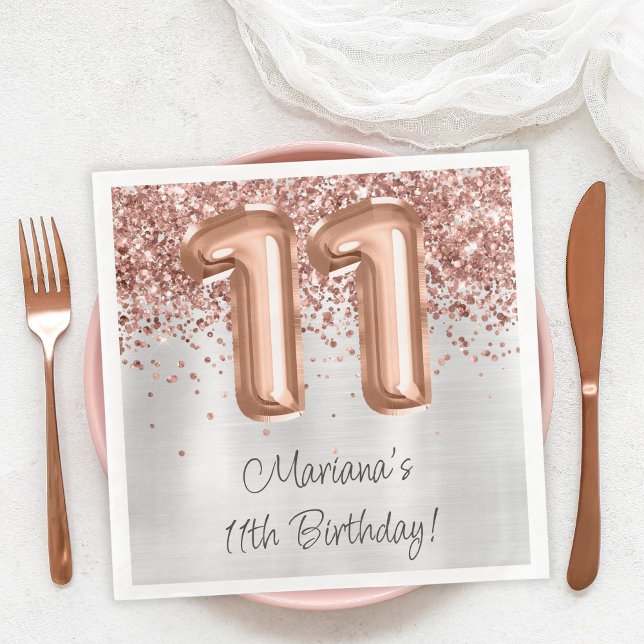  Rose Gold Silver 11th Birthday Party Napkin (Creator Uploaded)