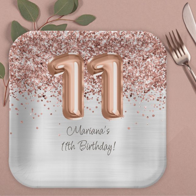  Rose Gold Silver 11th Birthday Party Paper Plate (Creator Uploaded)