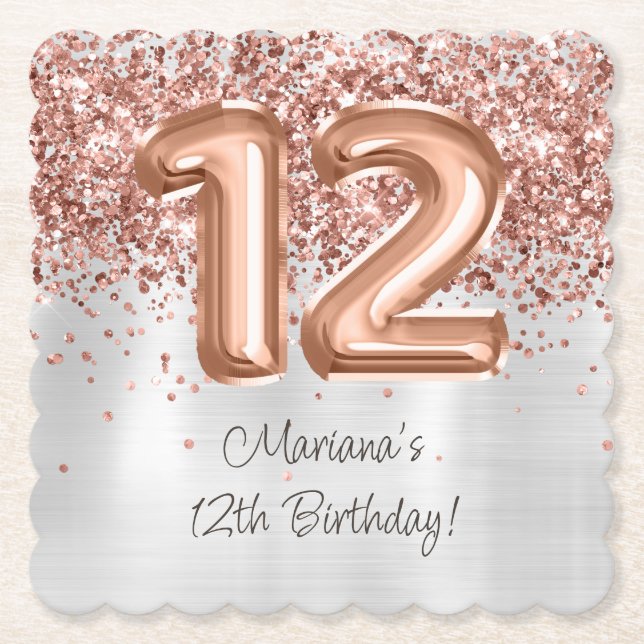  Rose Gold Silver 12th Birthday Party Paper Coaster (Front)