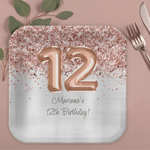  Rose Gold Silver 12th Birthday Party Paper Plate