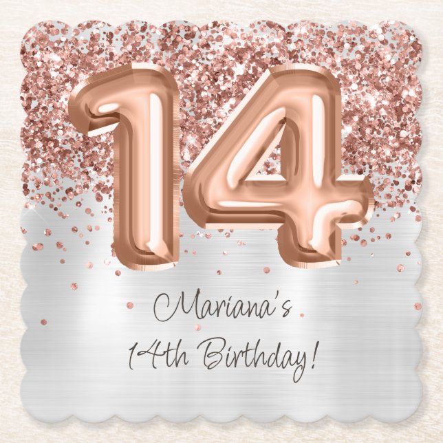  Rose Gold Silver 14th Birthday Party Paper Coaster (Front)