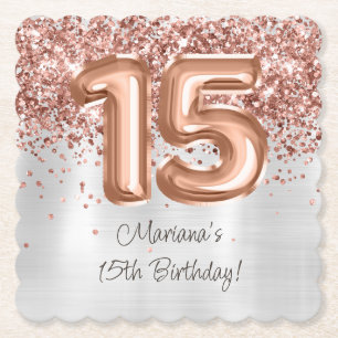 Rose Gold Silver 15th Birthday Party Paper Coaster