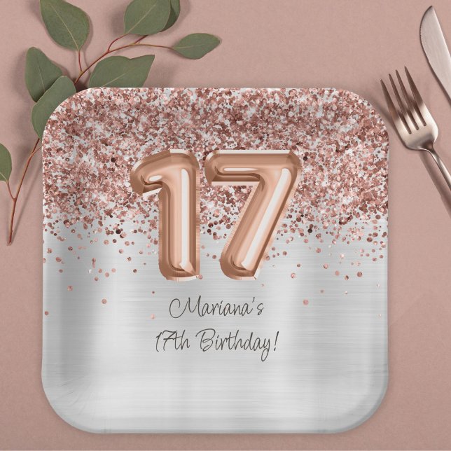  Rose Gold Silver 17th Birthday Party Paper Plate (Creator Uploaded)
