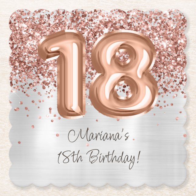  Rose Gold Silver 18th Birthday Party Paper Coaster (Front)