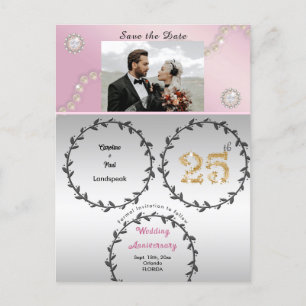 Rose Gold & Silver 25th Anniversary Save the Date Postcard