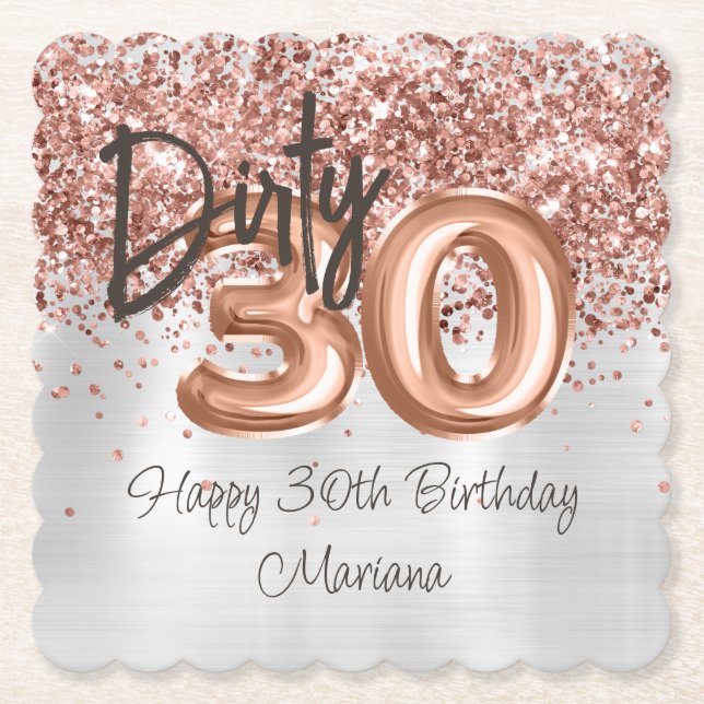  Rose Gold Silver 30th Birthday Party Paper Coaster (Front)