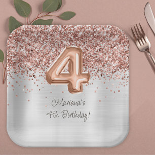 Rose Gold Silver 4th Birthday Party Paper Plate